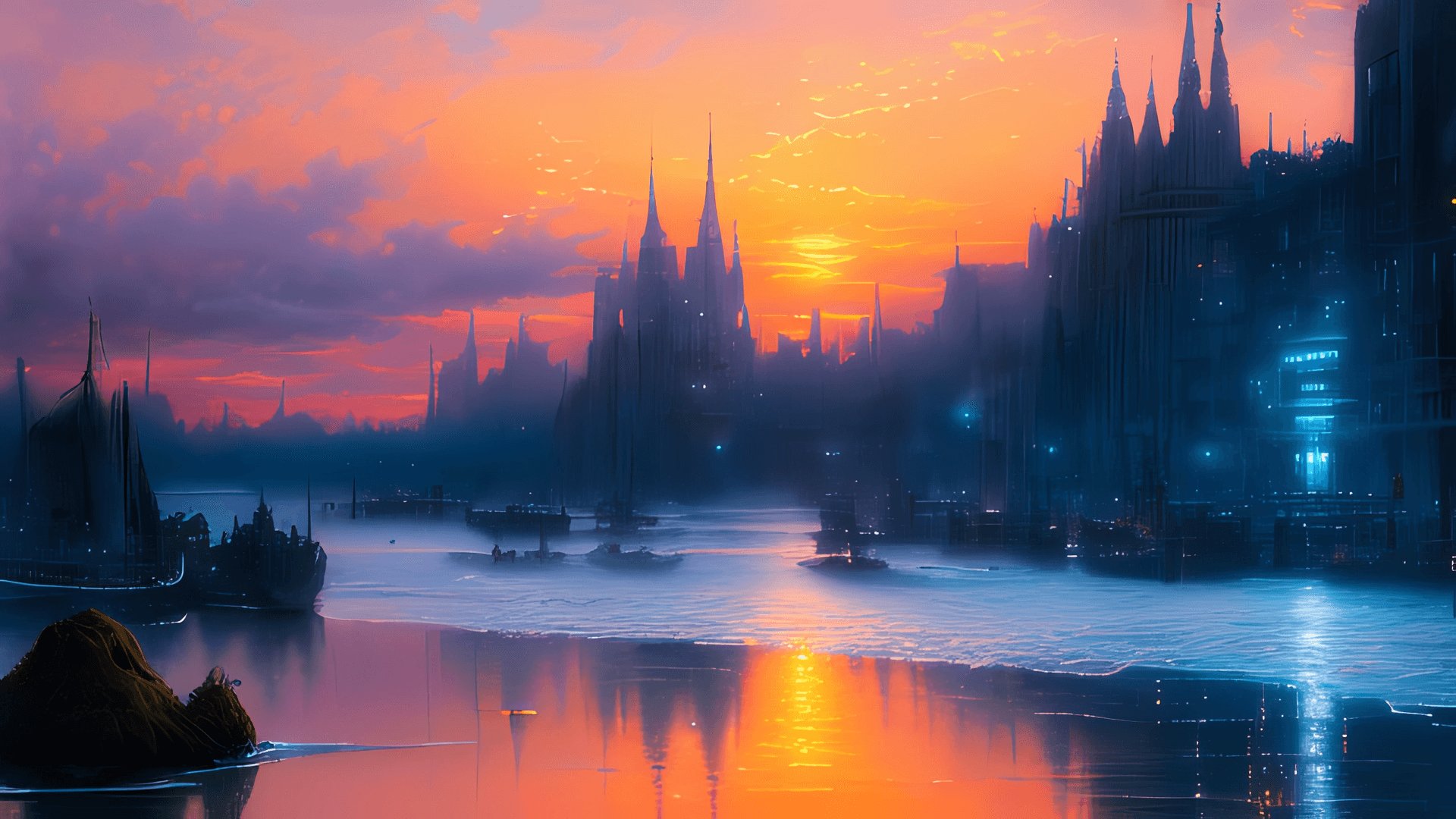 AI generated: dream city, (stunning sunset in the background), blue ink flow, 8k resolution, photorealistic master...