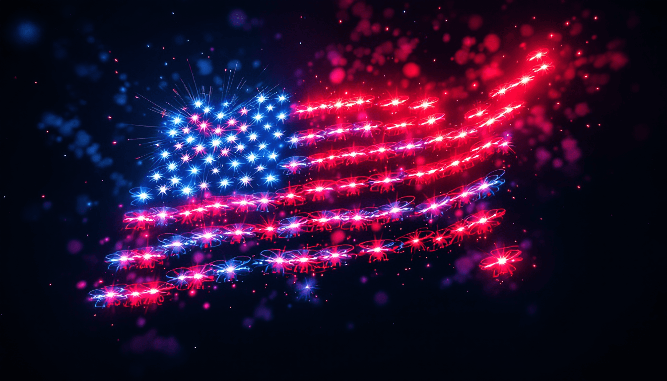 AI generated: 4K, photorealistic image of a 4th of July drone show with the drones in the formation of a huge Amer...