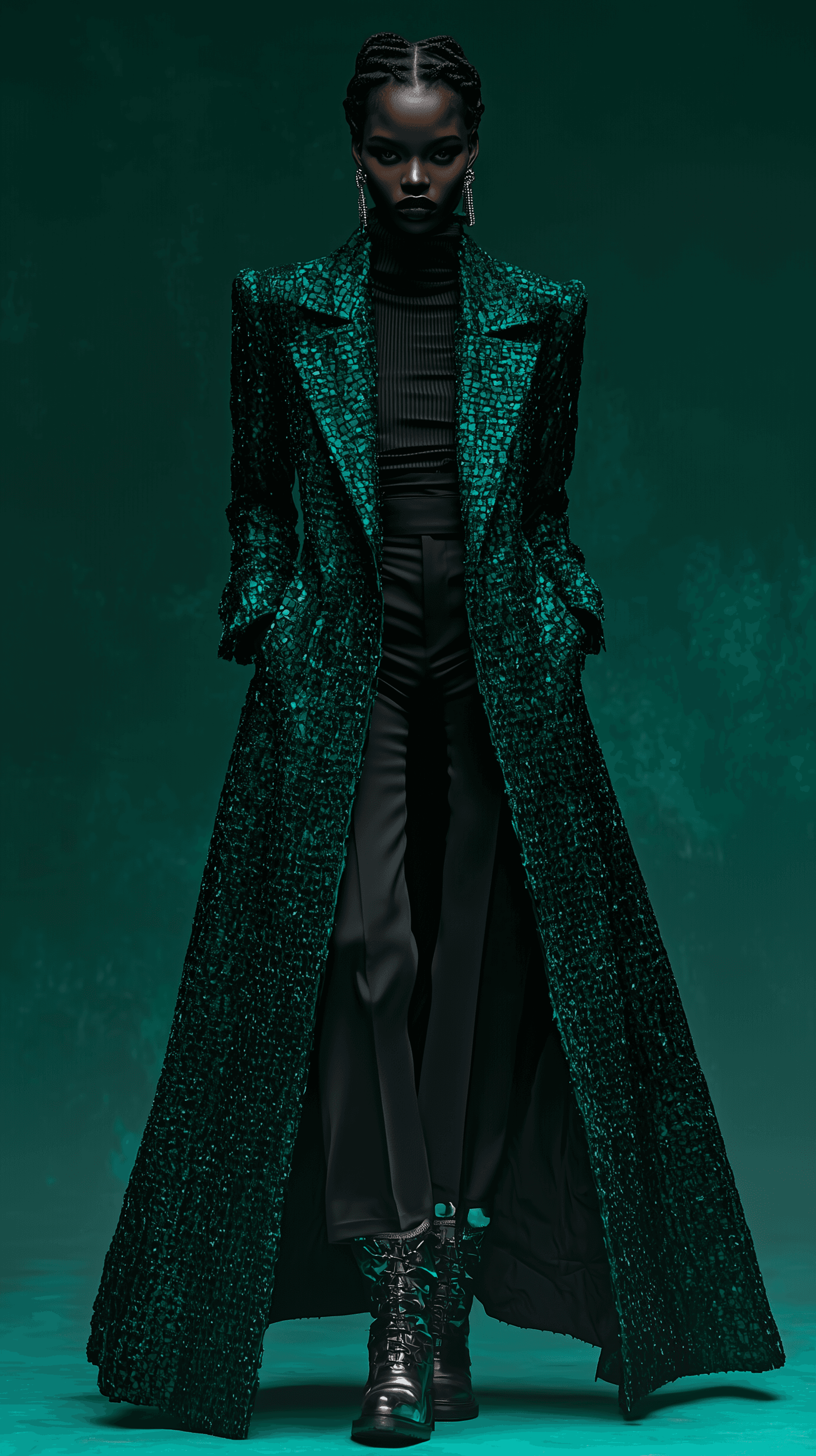 AI generated: fashion portrait, full body, front view, woman wearing an avant-garde, androgynous outfit consisting...