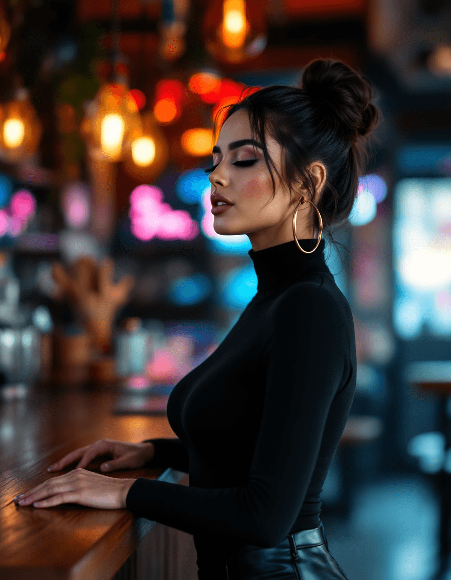 AI generated: Hyper-realistic photo of a gorgeous brunette woman, Hispanic, high bun dark hair, Gold hoop earrings...