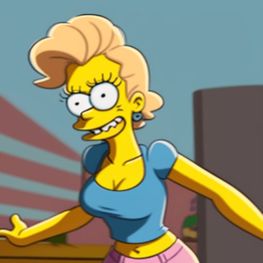 AI generated: Still image of Margot Robbie from The Simpsons drawn by Matt Groening, still image from The Simpsons...