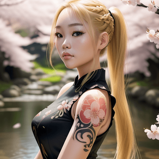 AI generated: Beautiful Vietnamese girls, blonde hair), extremely beautiful, (braided ponytail), small breasts, br...