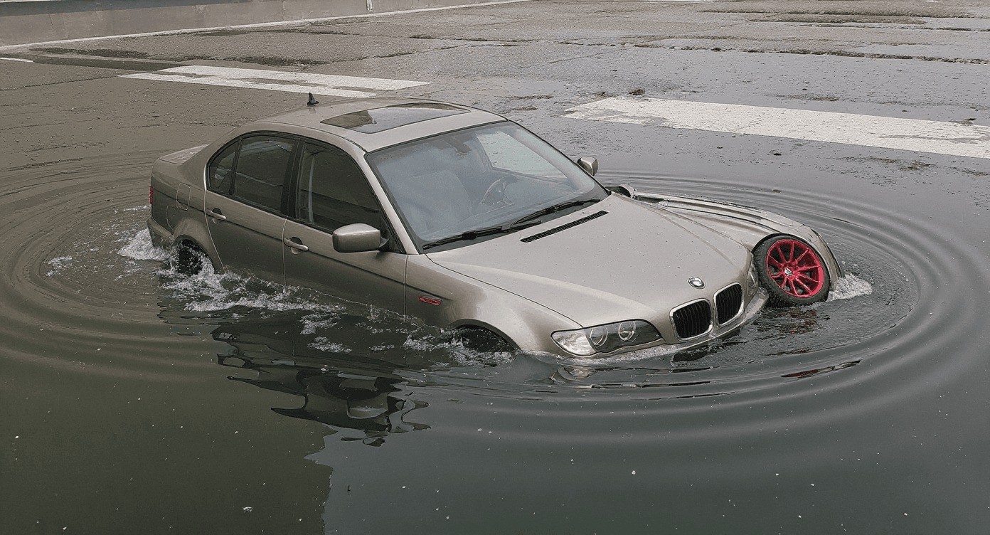 AI generated: Bmw e46 car whose reflex has fallen into the water and the camera has taken a picture of its reflex