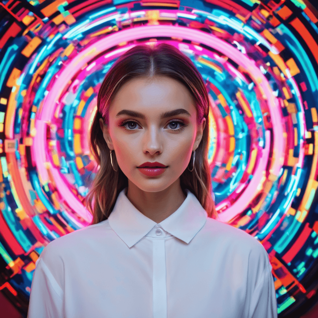 AI generated: random neon patterns surrounding a white girl where her outfit blends into the background, hyper det...
