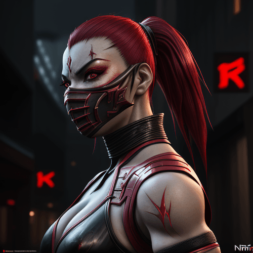 AI generated: Mortal Kombat Skarlet, cyberpunk, outdoor, street, red, hyperrealism, photorealistic, 8k, unreal eng...