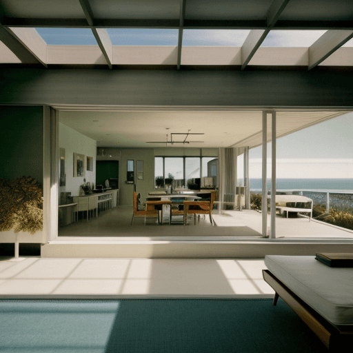 AI generated: Hyper realistic eye level exterior photo of a mid century modern style house overlooking the ocean, ...