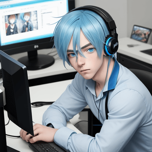 AI generated: anime boy with blue eyes and blue hair at a computer desk and wearing headphones