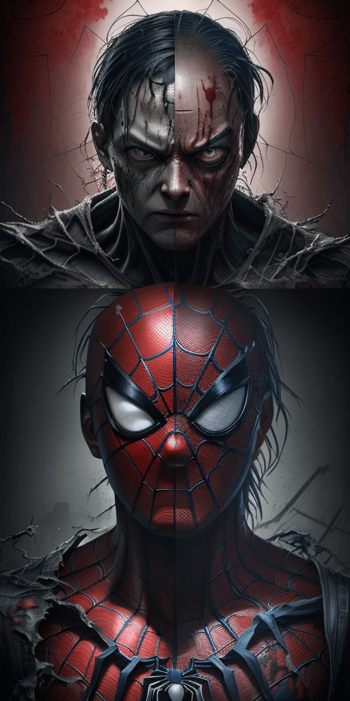AI generated: 4d Overlay Japanese type. A 16k poster of Spider-Man, extremely detailed eyes and face, portrait, bl...