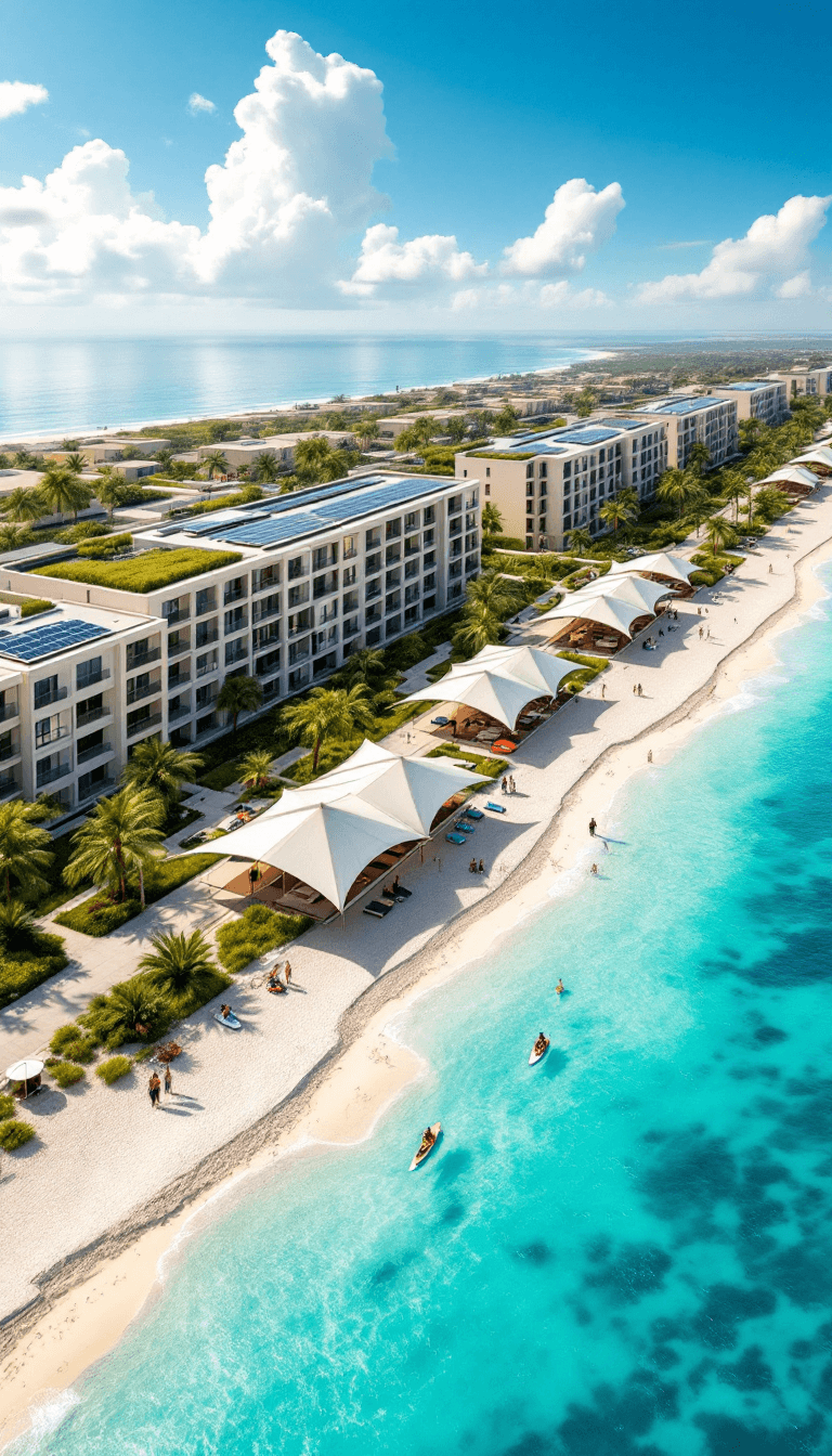 AI generated: A drone shot of a sustainable, eco-friendly coastal community with long, light-colored apartment bui...