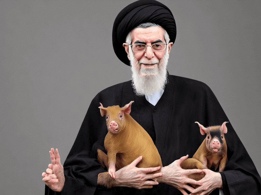 AI generated: portrait of ali khamenei holding a pig with both hands 4k realstic 