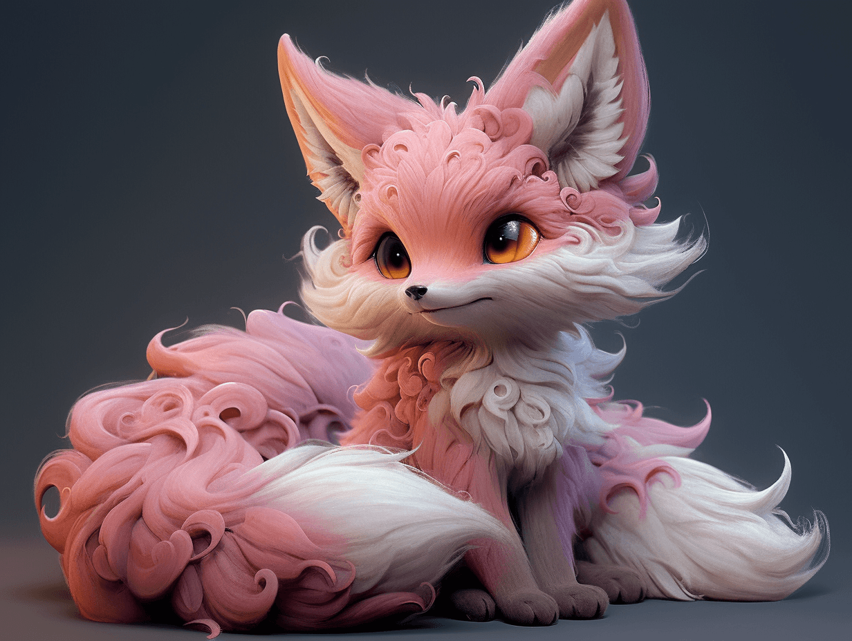 AI generated: Cute and adorable cartoon fox baby rhea, fine and shiny fur, lovely, white and pink, fantasy, dreaml...