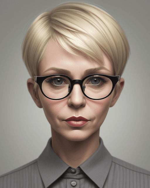AI generated: photo of Blonde 50 years old, modern pixie haircut, gray eyes, glasses on the face, plump lips, Ukra...