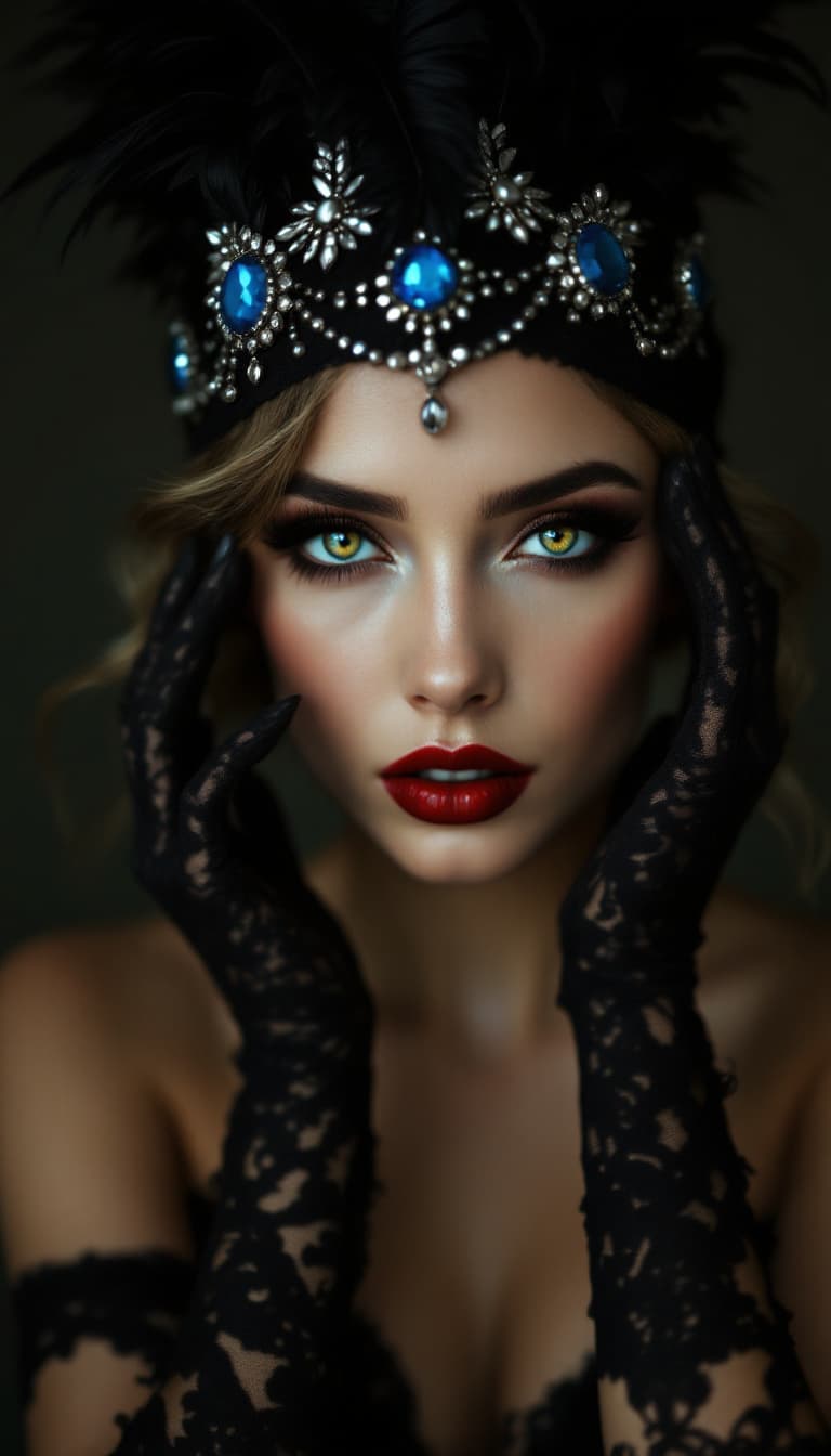 AI generated: Fine art portrait photography, warm yet dark tones, soft focus. A stylish supermodel in her early tw...