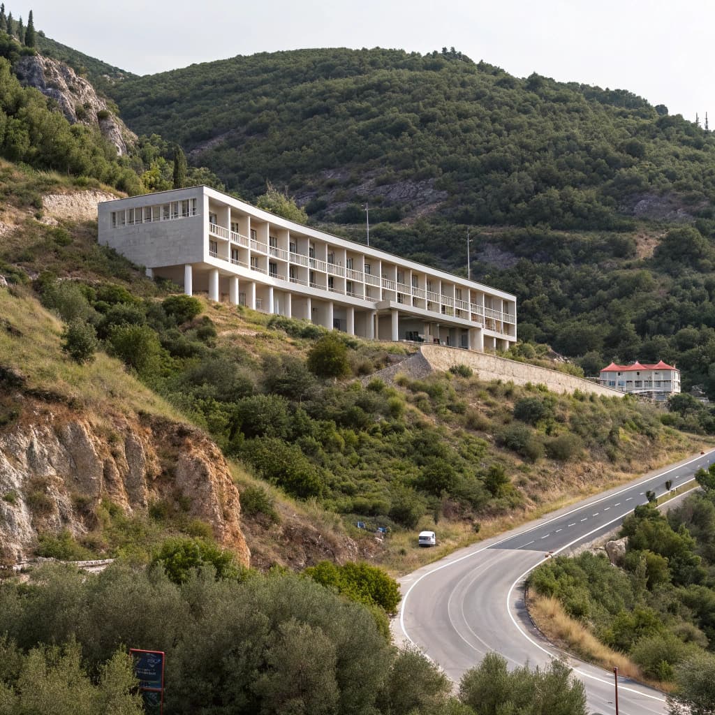 AI generated: A two floor hotel, semi underground, elongated towards the back, (like Tadao Ando's Rokko housing), ...