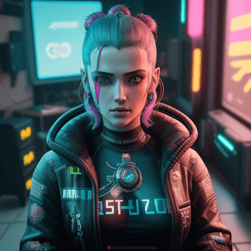 AI generated: un protagonista di cyberpunk 2077 con un ciuffo,i capelli castani,gli occhi rossi,carnagione oliavas...