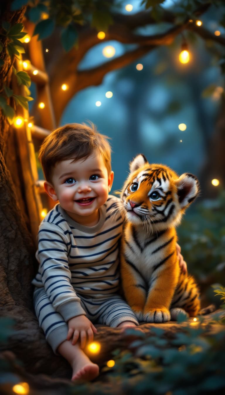 AI generated: smiling toddler baby in striped pajamas beside baby tiger cub in treehouse setting, both same height...