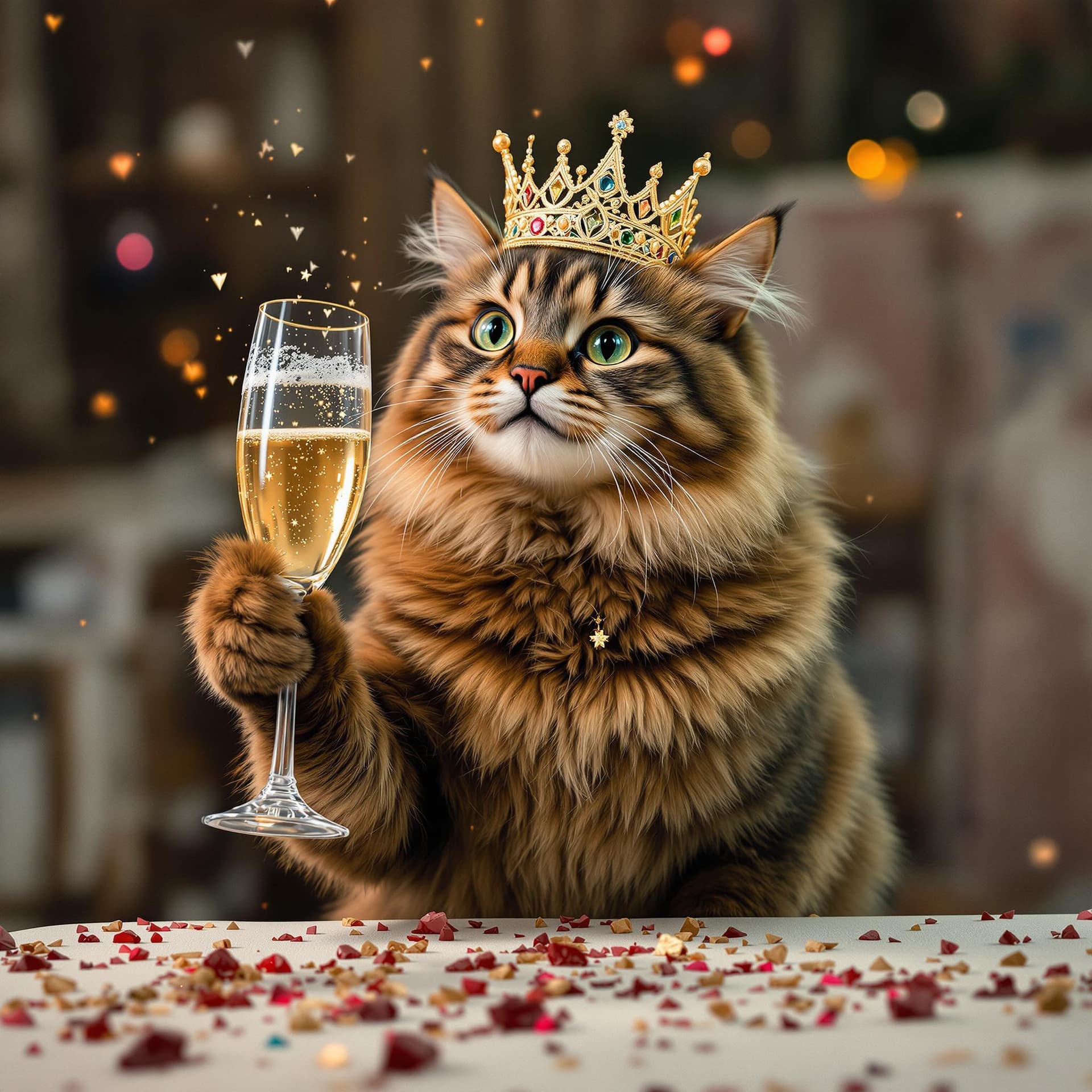 AI generated: queen cat celebrating birthday with champagne