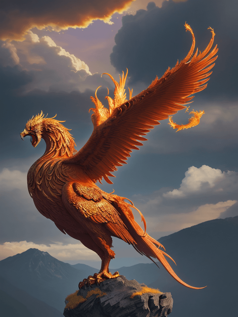 AI generated: A majestic phoenix with vibrant plumage, its fiery wings spread wide, golden feathers illuminating a...