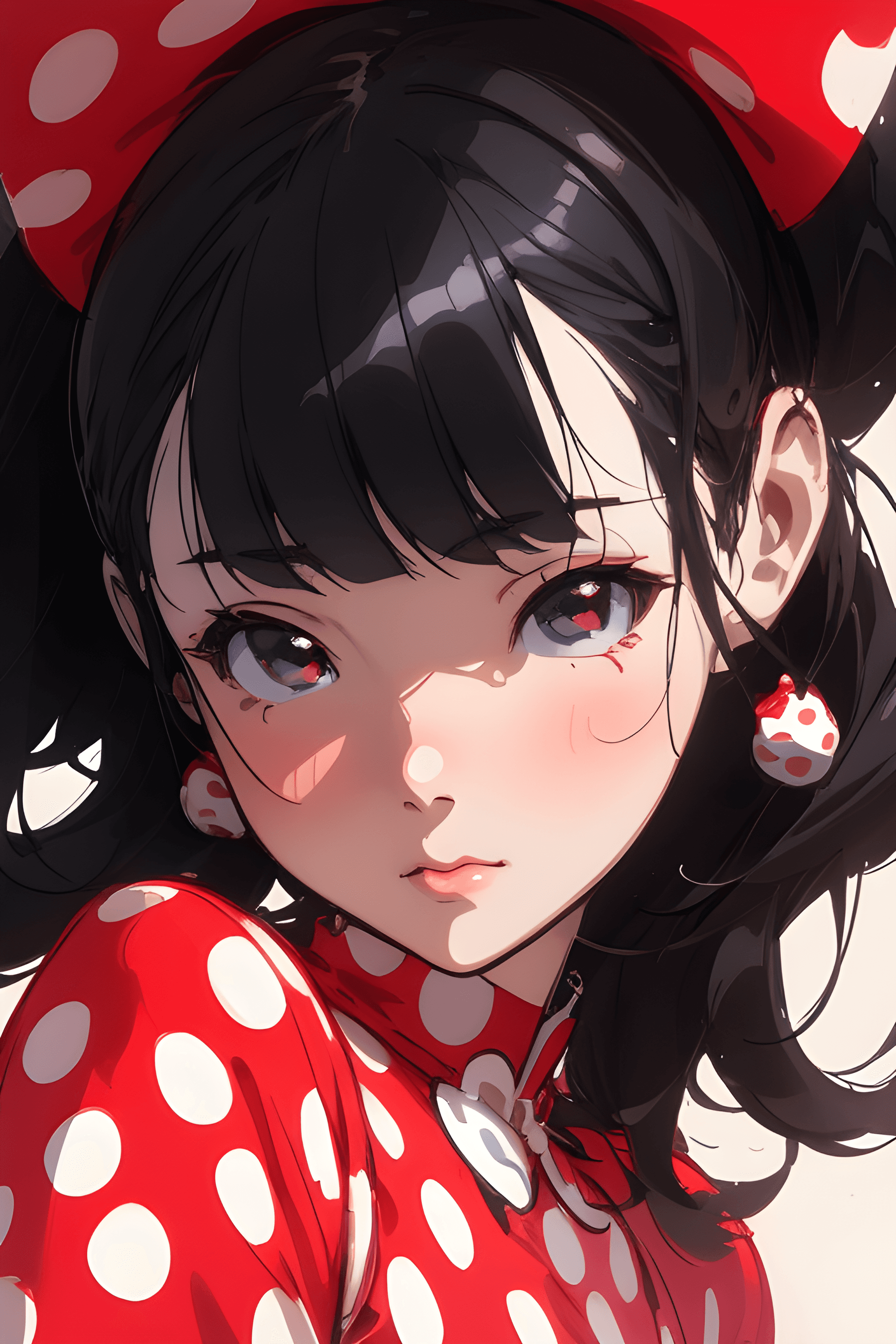 AI generated: a close up of a person wearing a red and white polka dot dress, an anime drawing, inspired by rossdr...