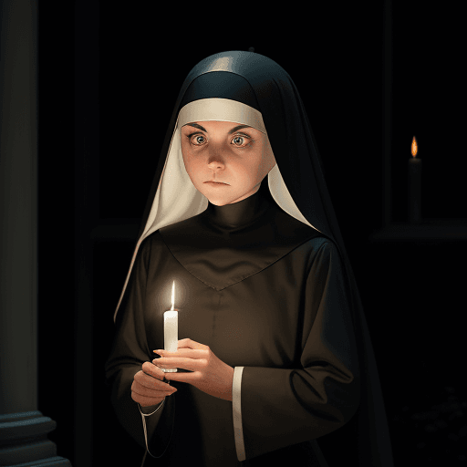 AI generated: Hyper realistic eye level exterior photo of a cute girl as a nun holding a candle, dark theme, evil