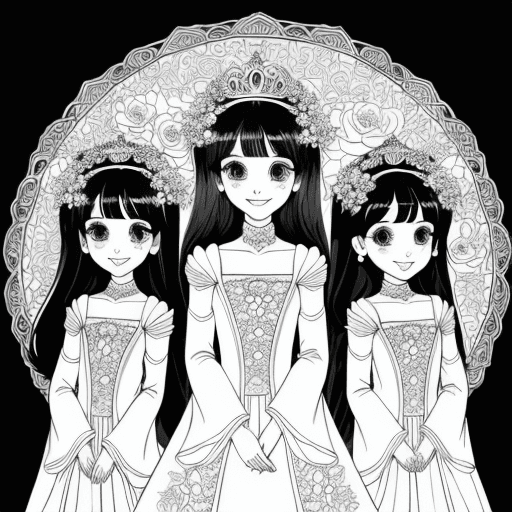 AI generated: Three beautiful Princesses coloring page, with bright eyes, sweet gaze, radiant smile, live in a lar...