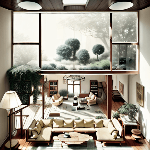 AI generated: high resolution photography interior design, dreamy sunken living room conversation pit, wooden floo...