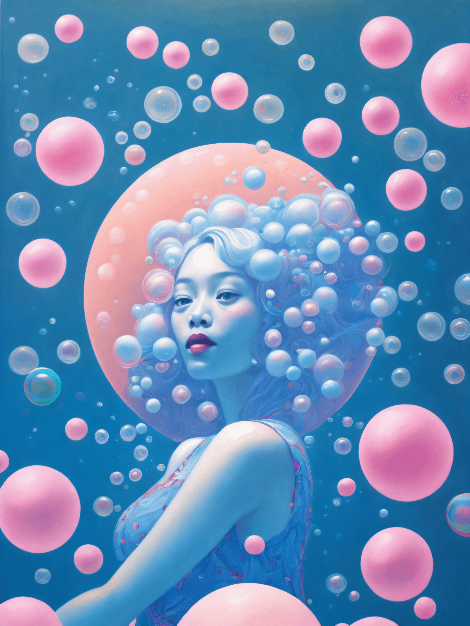 AI generated: a painting of a woman surrounded by pink and blue balls and bubbles, with a blue background by James...