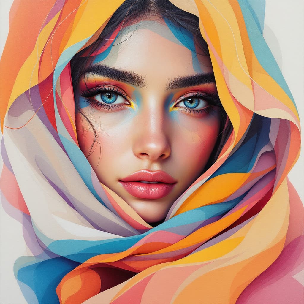 AI generated: a beautiful Iranian woman, wearing scarf painting by Lois van Baarle and Greg Rutkowski, Artgerm, be...