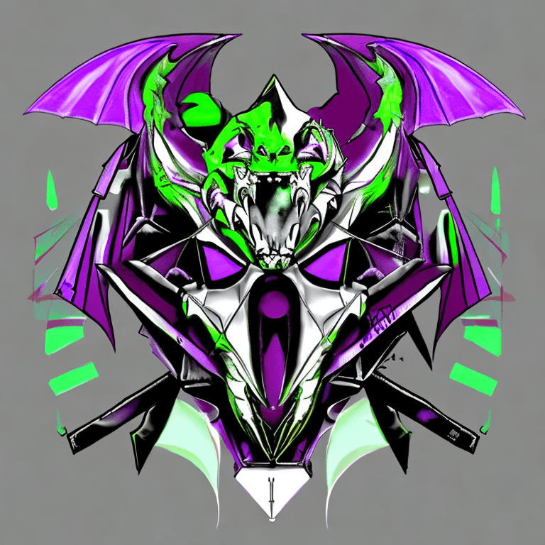 AI generated: Logo gaming wear, concept, mecha dragon skull, nonagon, colour black and green and purple, gaming, d...