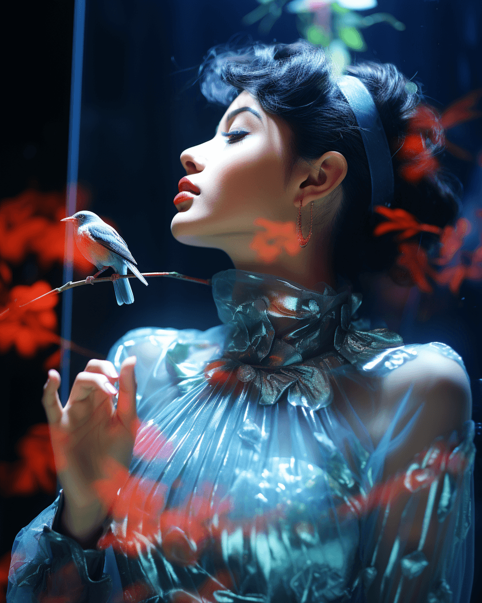 AI generated: hologram of hybrid of woman and bird, vogue aesthetic, crazy woman, model watching on viewer, gucci ...