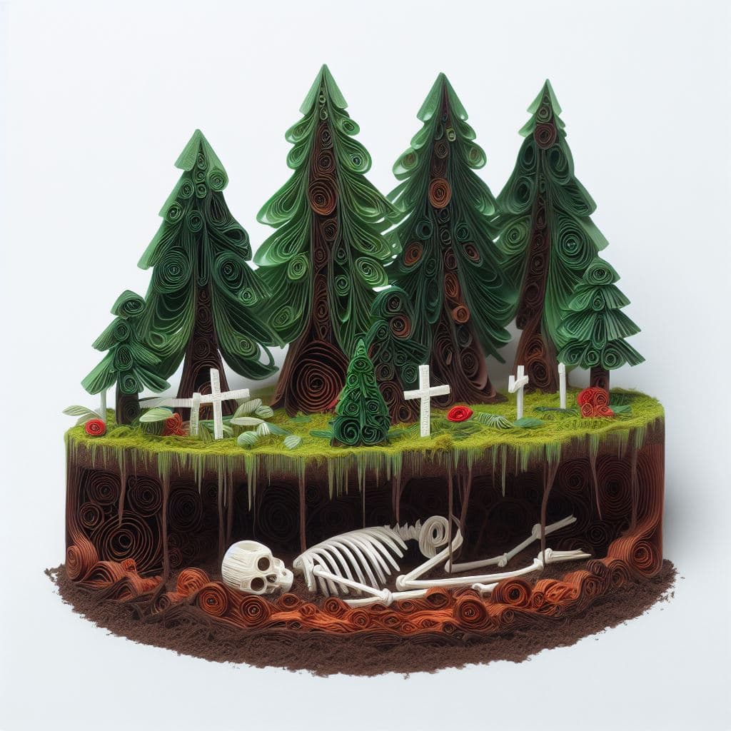 AI generated: paper quilling image of a forgotten skeleton buried underground a forest, cut away view