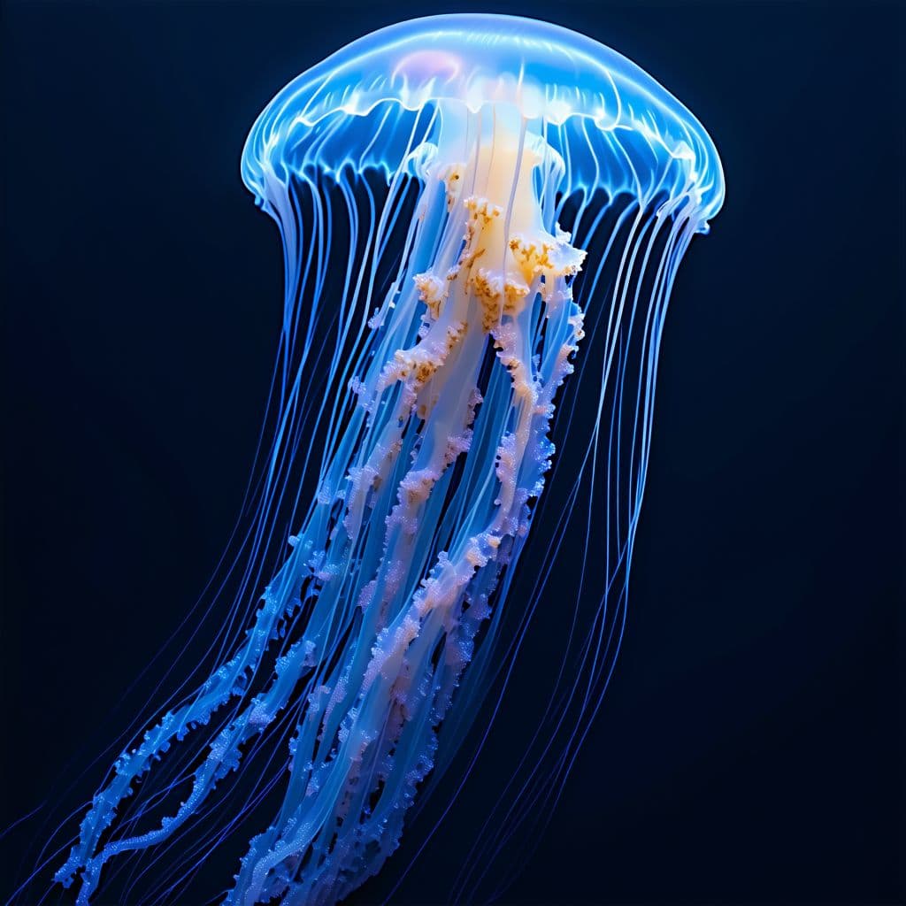 AI generated: Man of war jellyfish , extremely long, bioluminiscent creatures, intricate artwork . octane render, ...