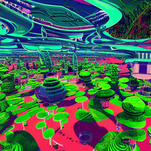 AI generated: human colony on unknown planet with retro futuristic buildings::2 bright vibrant colored vegetation:...