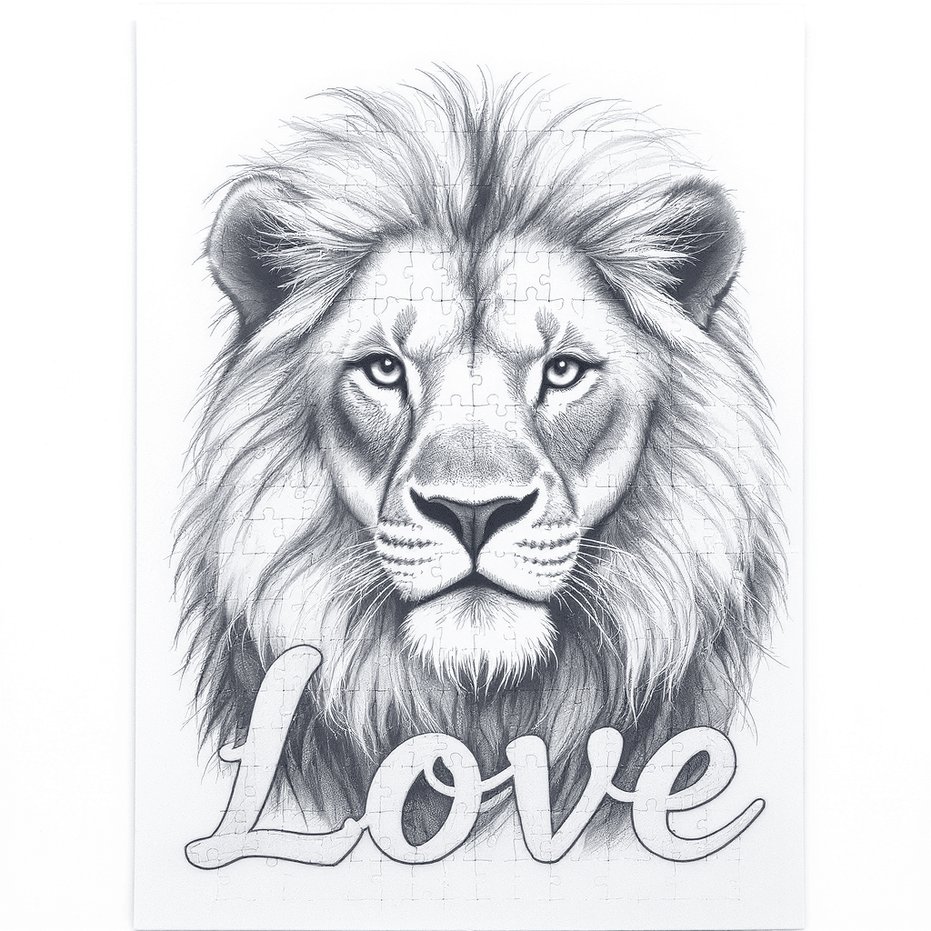 AI generated: A lion made of puzzle pieces, in black and white poster art with words "Love"
on white background
