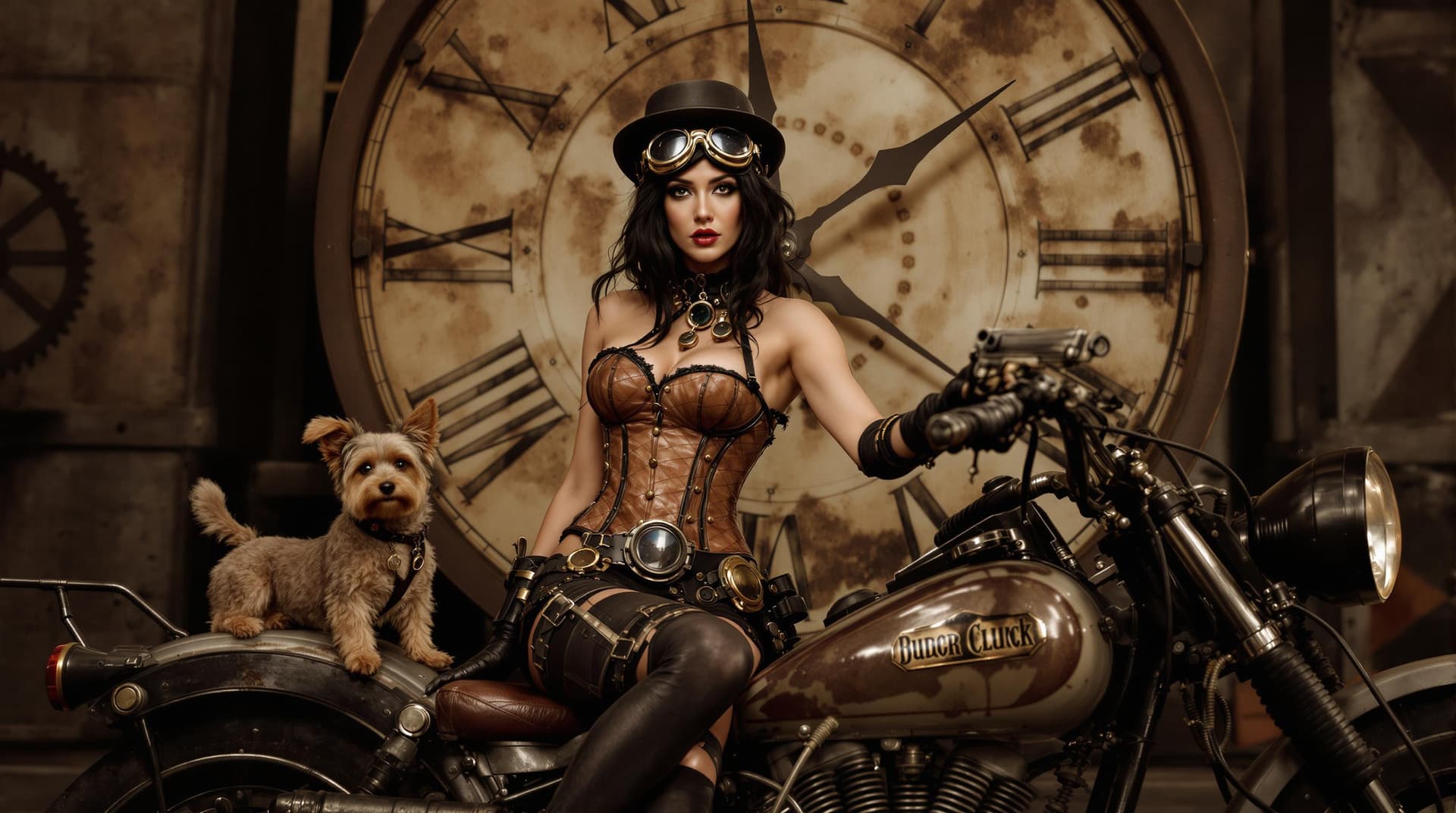 AI generated: A steampunk-themed scene with a woman with dark hair sitting confidently on a vintage motorcycle. Sh...