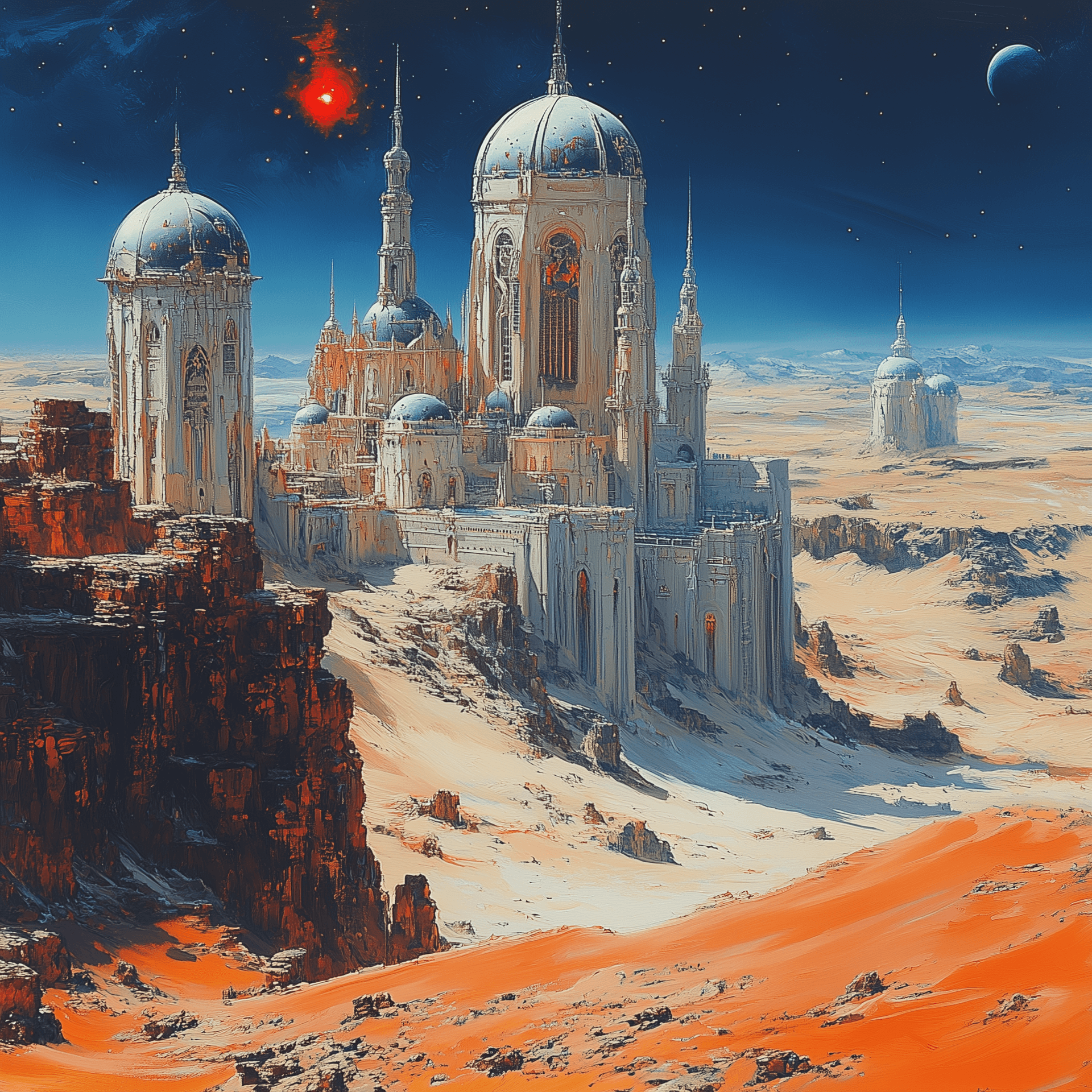 AI generated: A futuristic city on an alien planet, surrounded by sand dunes and strange spires, painted in the st...