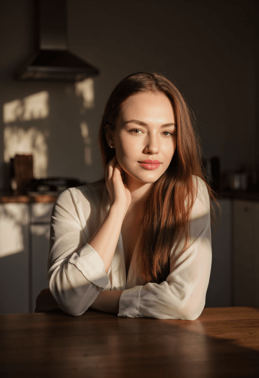 AI generated: A breathtaking woman with long auburn hair, freckles subtly dotting her fair skin, sits at a table i...