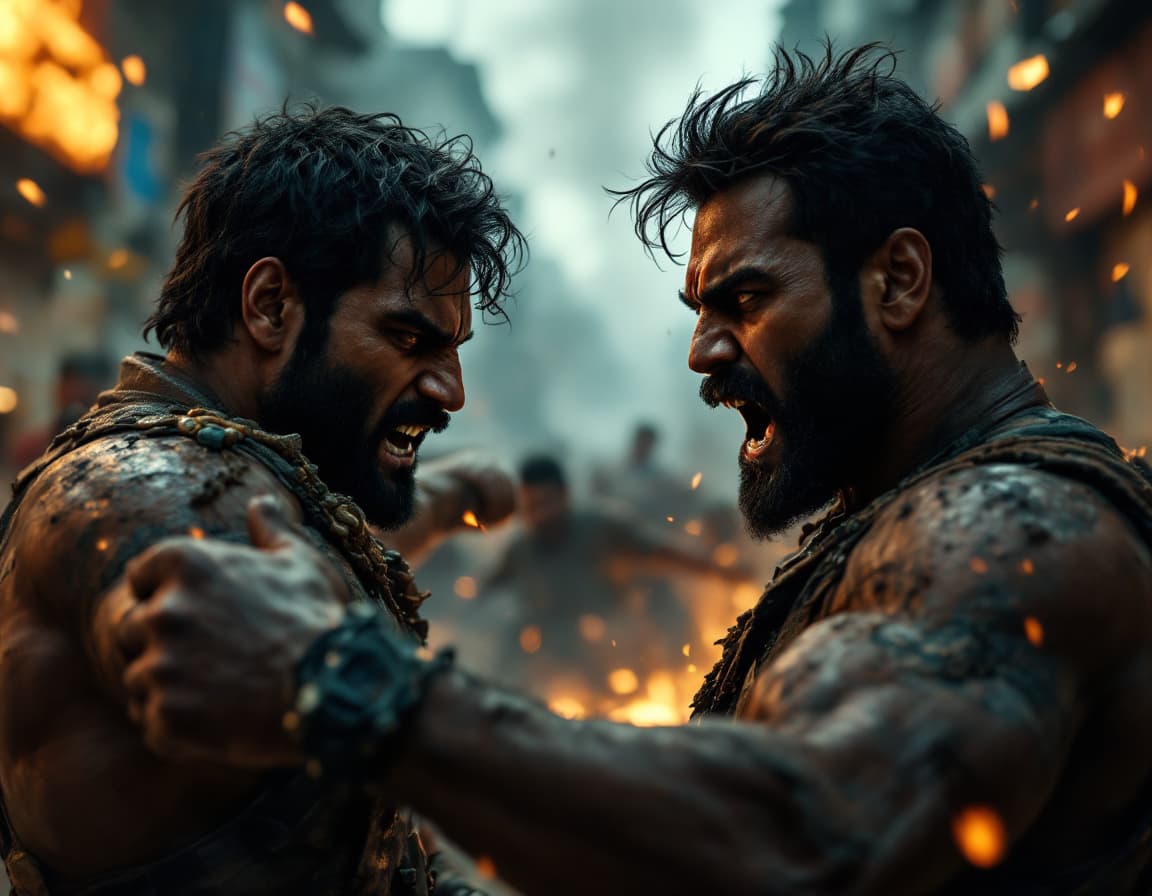 AI generated: In this high-intensity action scene, the central characters are strong, determined Indian men, each ...