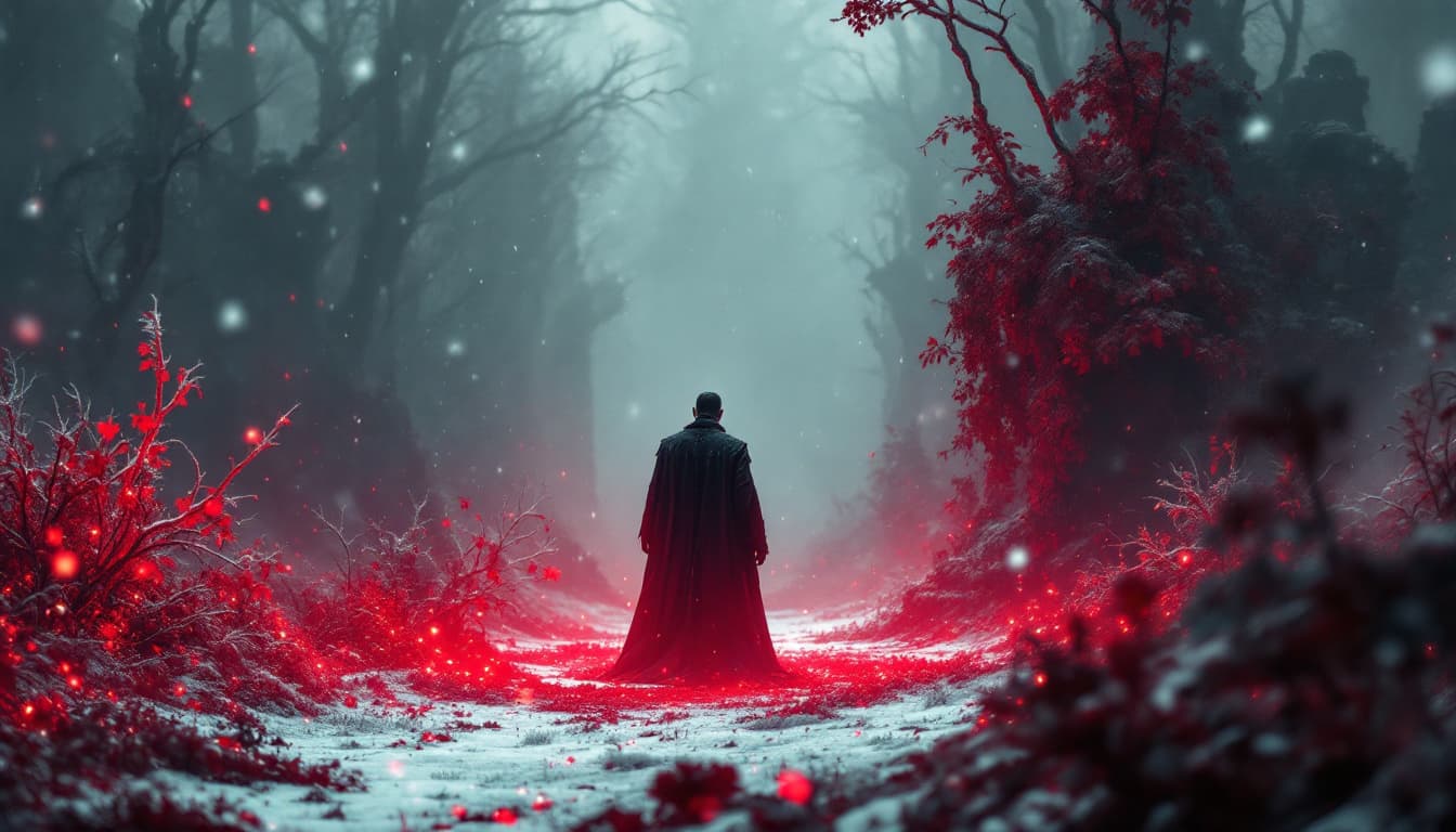 AI generated: A vampire man stands at a closed door. It is snowing red