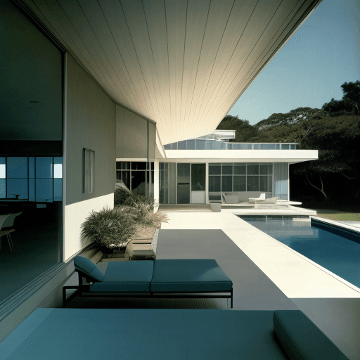 AI generated: Hyper realistic eye level exterior photo of a mid century modern style house overlooking the ocean, ...