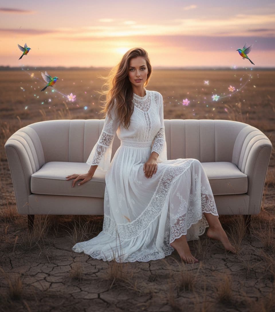 AI generated: a woman sitting on top of a couch in a field, skinny girl in white boho lanced dress, lalisa manobal...