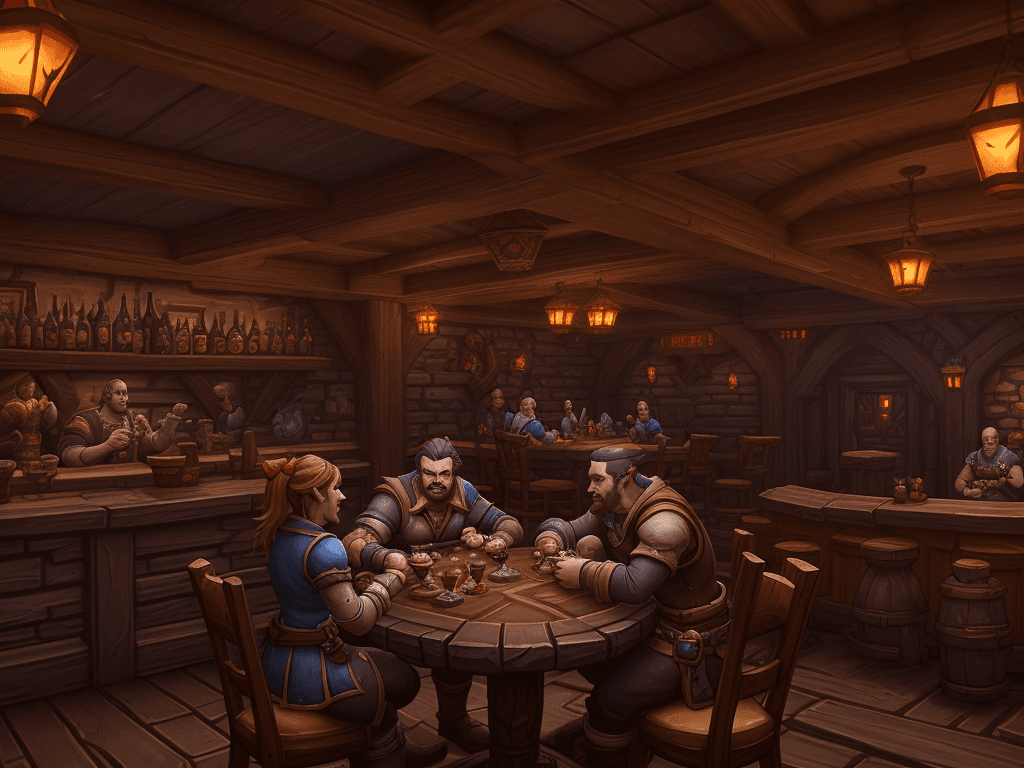 AI generated: hearth tavern, video game, guests around tables, playing role game, d20, hearthstone theme, panorami...