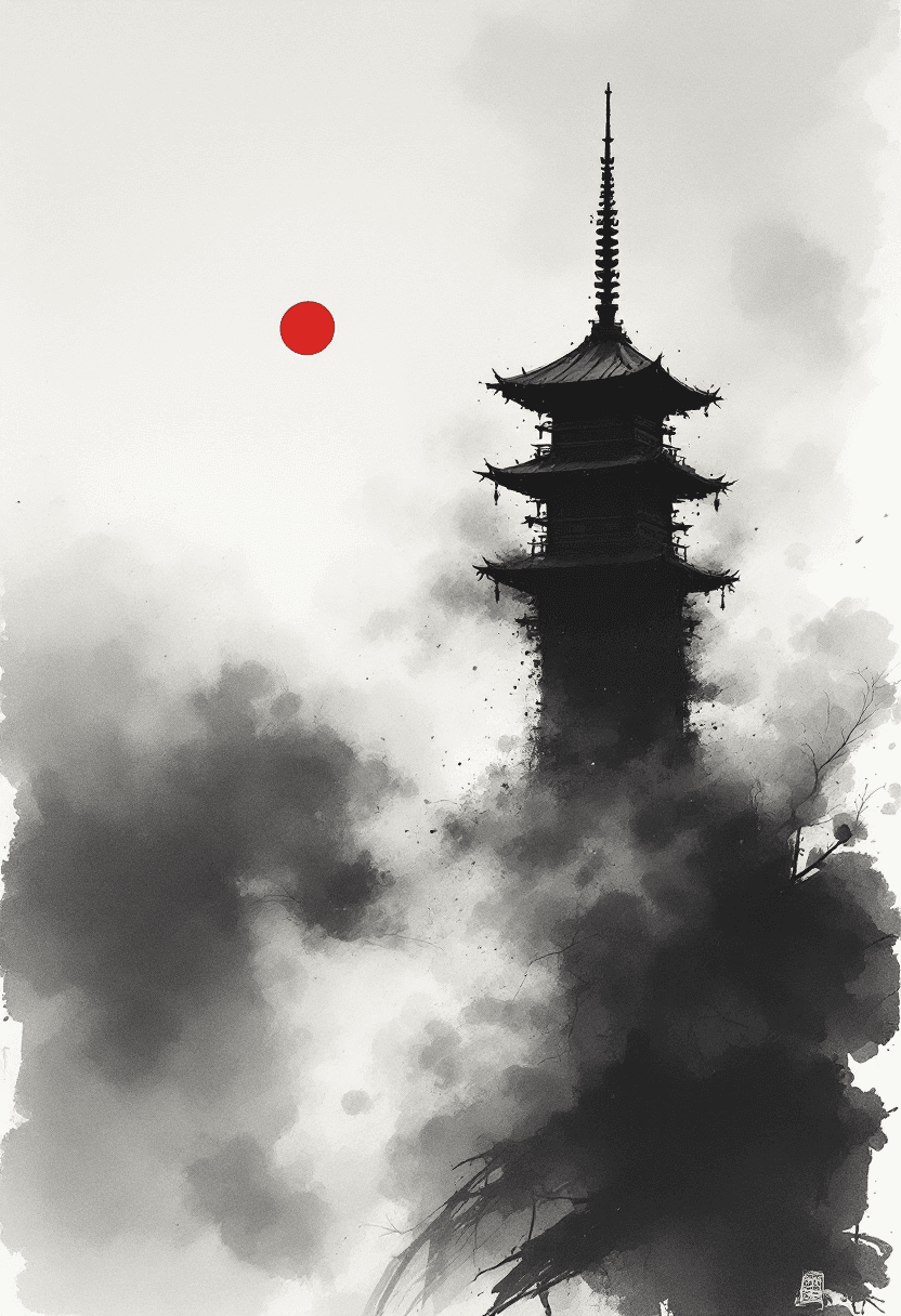 AI generated: Abstract ink wash painting, featuring a traditional Japanese pagoda with its base fading into smoke,...