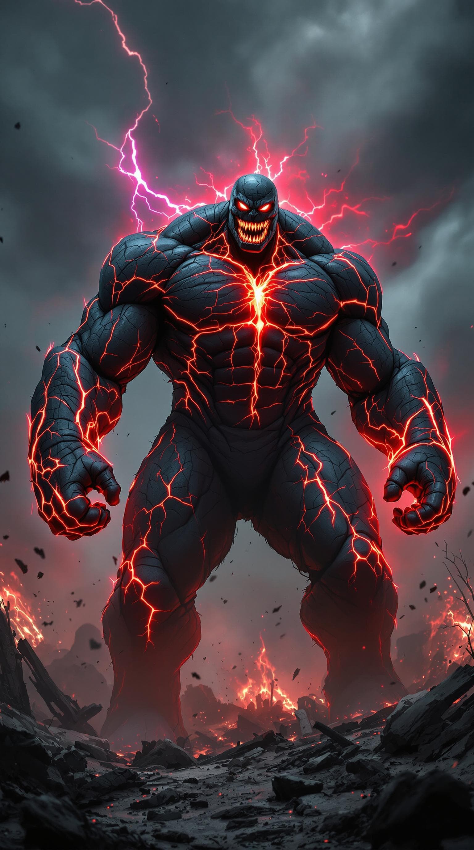 AI generated: A monstrous, hulking figure stands amidst a devastated battlefield, his immense body pulsating with ...