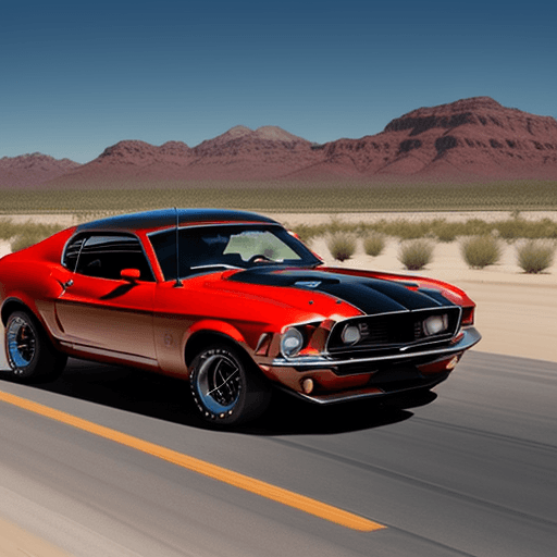 AI generated: muscle car 1970 
 mustang black with red raceing strips. going 80 mph. in a desert
