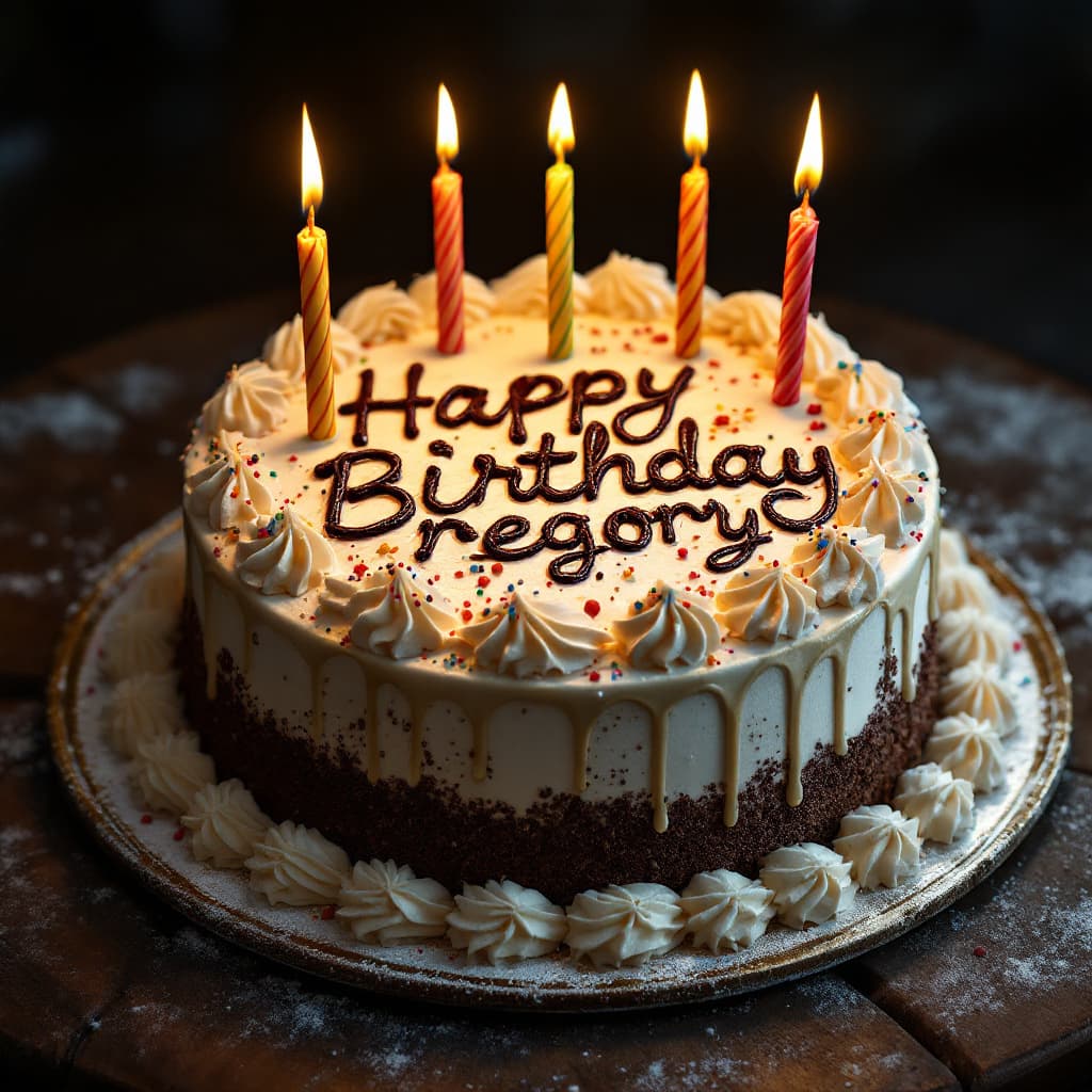 AI generated: hyper realism, high detail, cake, that says happy birthday Gregory on the icing, whole cake,
