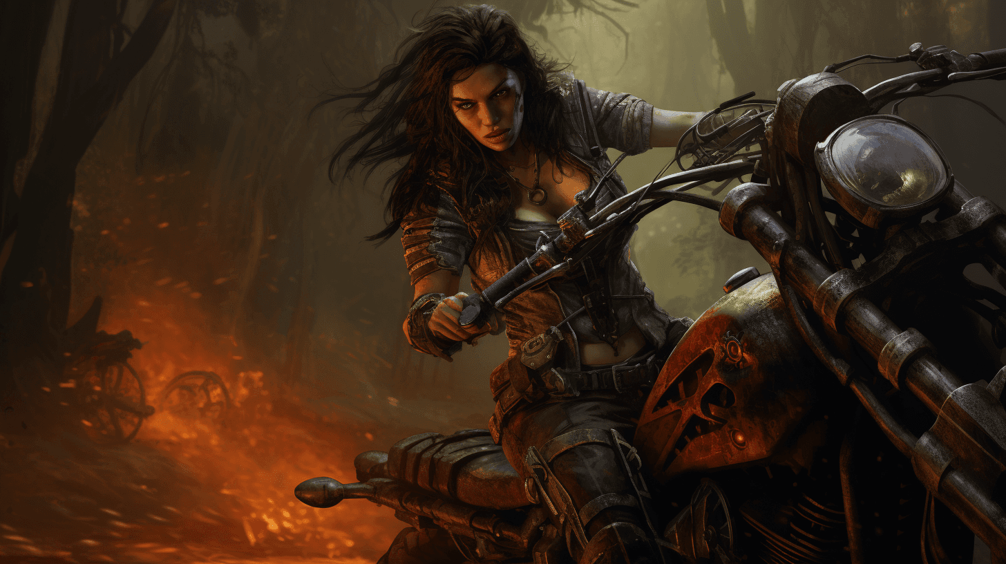 AI generated: lilith from diablo 4 on a bike ride, --ar 16:9