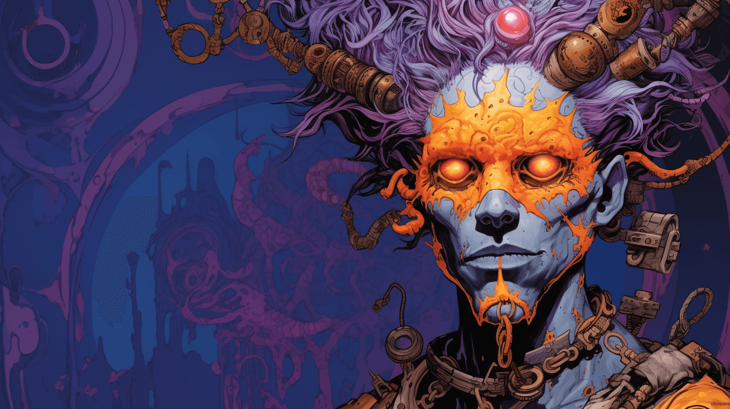 AI generated: dream hunter by dorohedoro, purple and blue and orange scheme, contrast colors