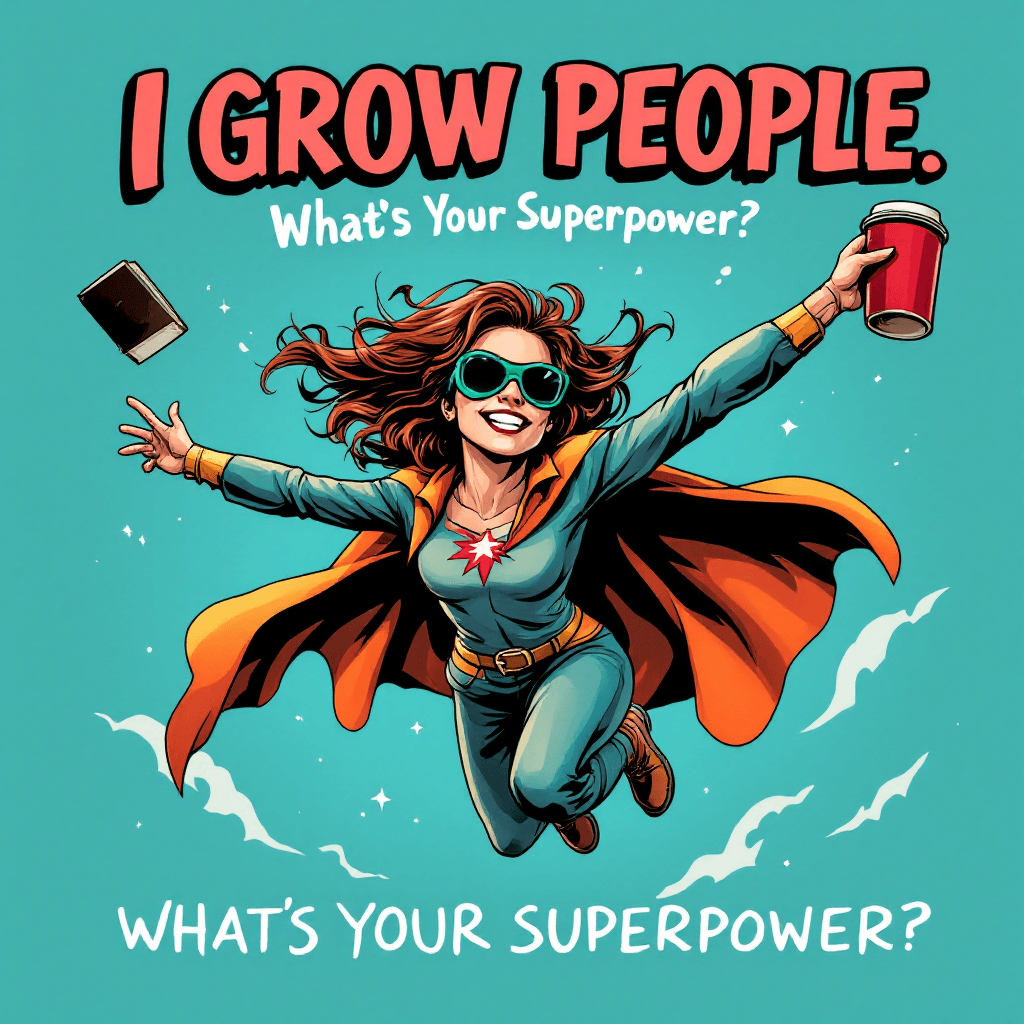 AI generated: A dynamic, comic-style superhero teacher flying with books in one hand and a coffee mug in the other...
