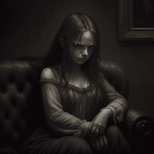 AI generated: A poignant and atmospheric dark fantasy oil painting of a young, weary woman sitting on an old couch...